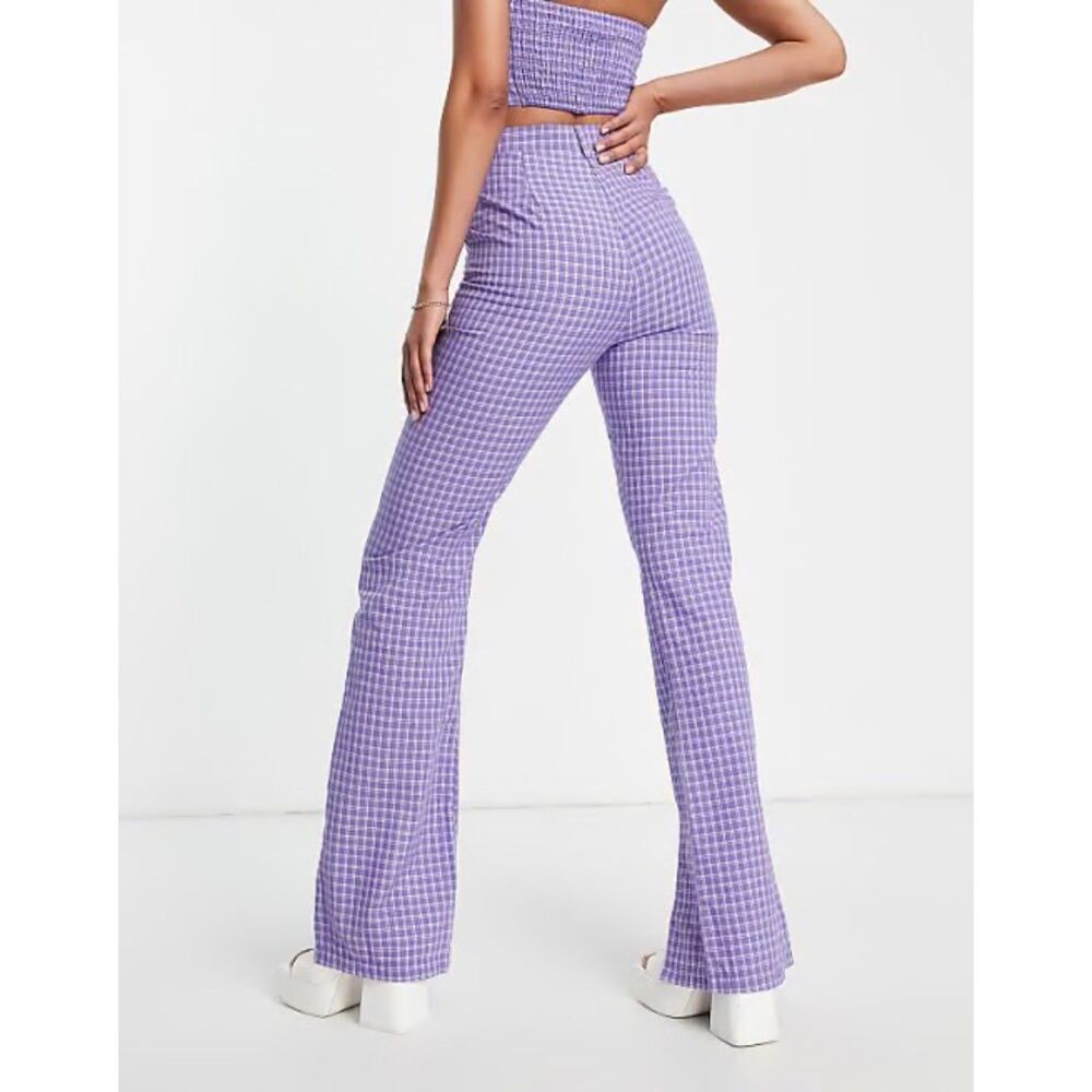 ASOS Heartbreak Purple Plaid Flare Pants Small Split Hems Flat Pockets NEW